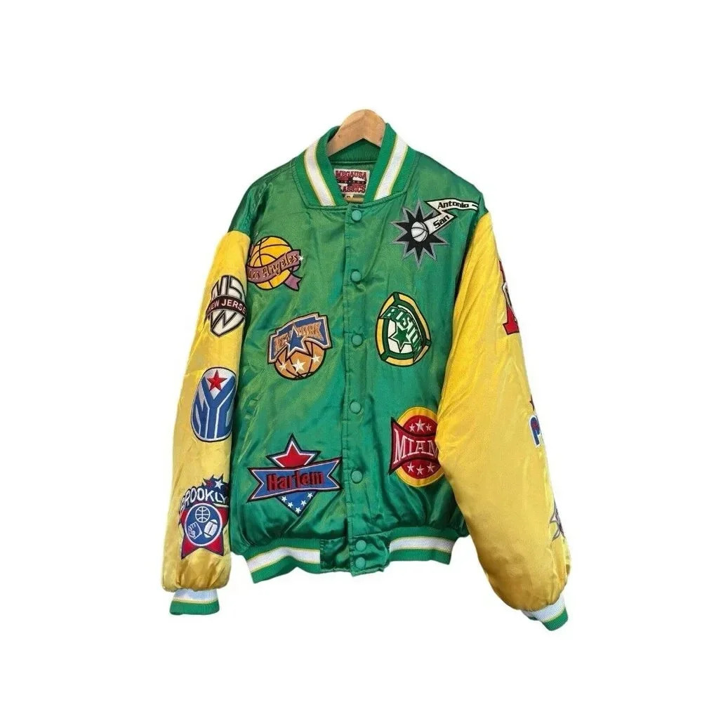 Mega USA Vtg 90s Streetwear Mens XL NBA Basketball Team Logo Satin Bomber Jacket